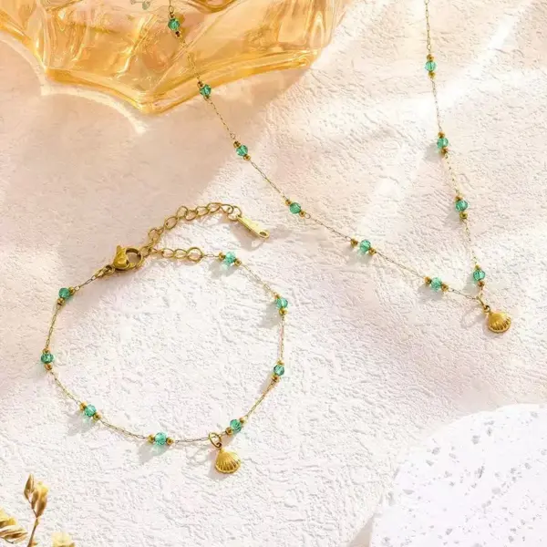 Wholesale 304 Stainless Steel Plastic Shell Ion Plating (IP) 18K Gold Plated Simple Style Commute Waterproof Non Tarnish Beaded Multicolor-Golden Yellow Anklet Necklace Jewelry Set