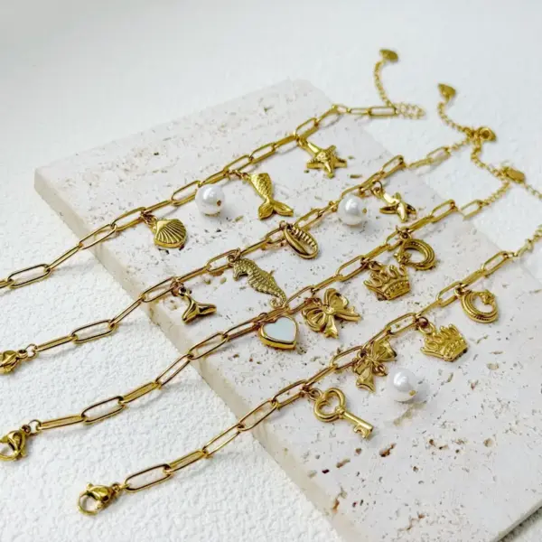 304 Stainless Steel Synthetics Starfish Hipcampus Pearl Long-Lasting Plated PVD Coated 18K Real Gold Plated Vacation Beach Cuban Link Chain Curb Chain Handmade Chain Cable Chain Bracelets