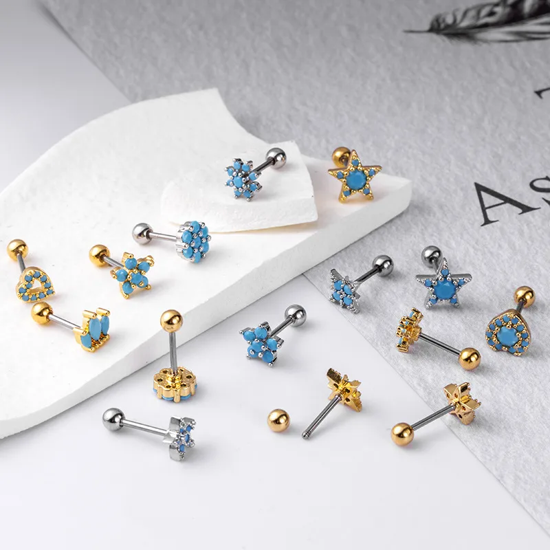 Wholesale 1 Piece 316L Stainless Steel Copper Zircon Ear Cartilage Rings & Studs Pentagram Heart Shape Flower Women'S