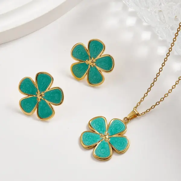 Wholesale European And American Trendy Fashion Ins Style Gold-Plated Imitation Gold 304 Stainless Steel Colorful Oil-Drip Flower Stud Earrings Necklace Set