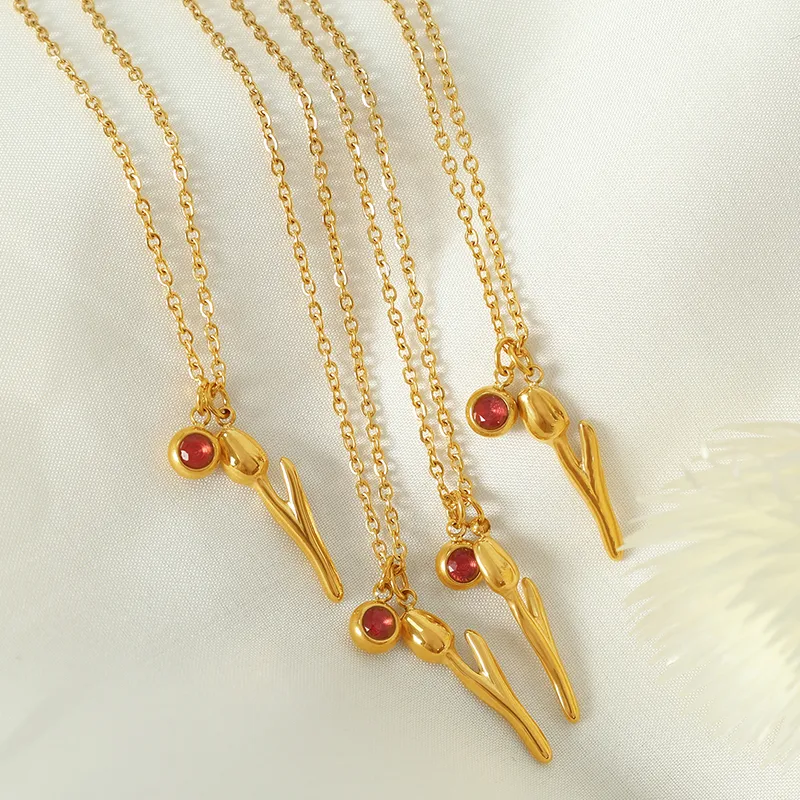 Wholesale 304 Stainless Steel Tulip PVD Coated Rhinestones 18K Gold Plated Real Gold Plated Elegant Simple Style Waterproof Non Tarnish Plating Inlay