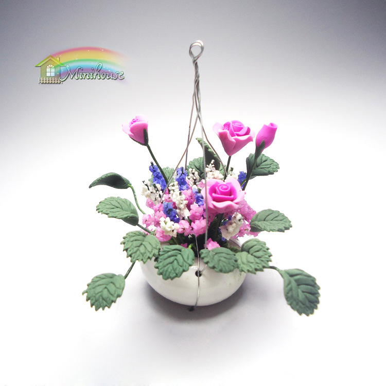 Wholesale 1:12 dollhouse aessories dollhouse mini clay flower plant t pink rose hanging t flower arrangement model