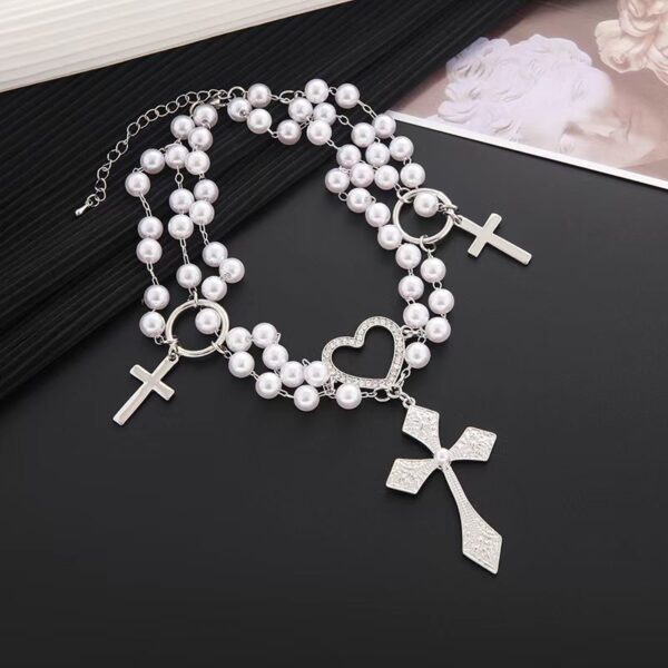 oly-d3c739ebc139e2379a9db7cacc40910c Wholesale European and American Socialite Pearl Diamond Love Cross Necklace Female ins Niche Design Retro Hip-hop Simple Necklace