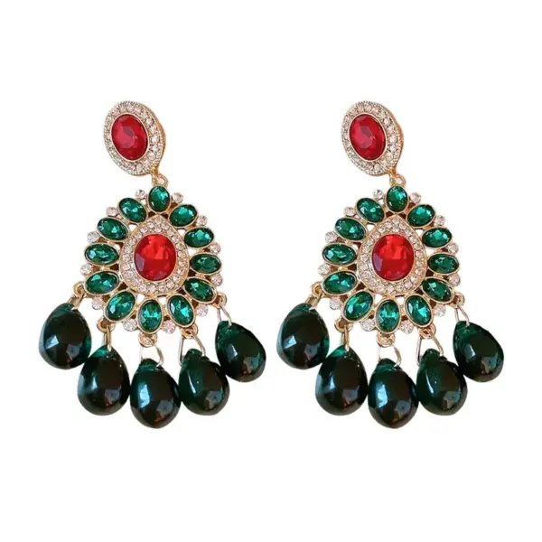 Wholesale 1 Pair Retro Color Block Heart Shape Pleated Inlay Copper Rhinestones Drop Earrings