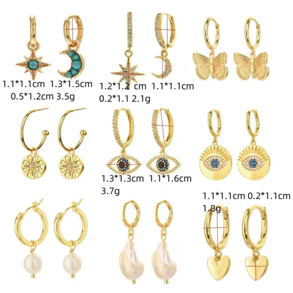 Wholesale Fashion Heart Devil Eye Plated 14k Real Gold Zircon Pearl Copper Earrings