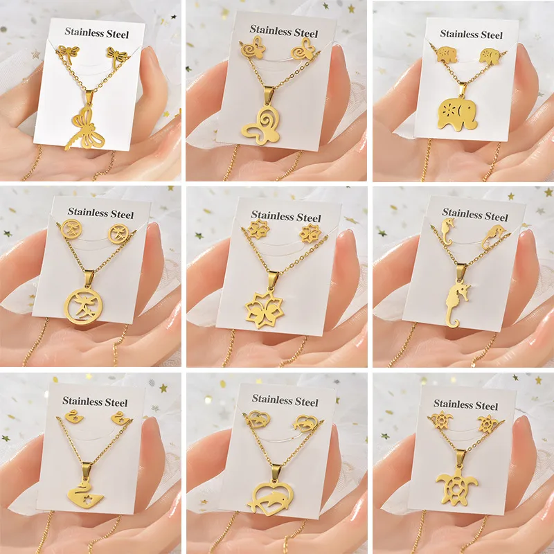 Wholesale Fashion Tortoise Butterfly Elephant Titanium Steel Plating Women's Earrings Necklace 1 Set