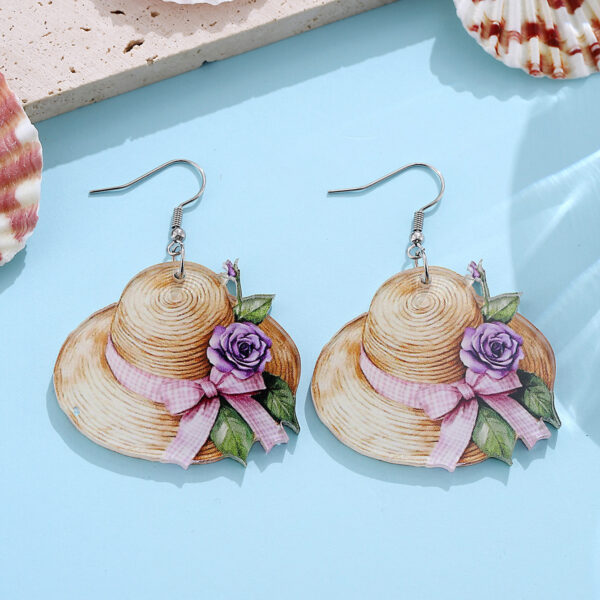 Wholesale Pink Bow Flower Straw Hat Acrylic Pendant Earrings