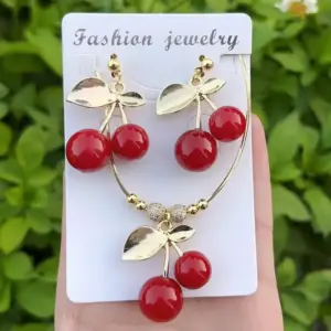 Cherry Earrings and Necklace Set (Gold) / 1 Set/Package