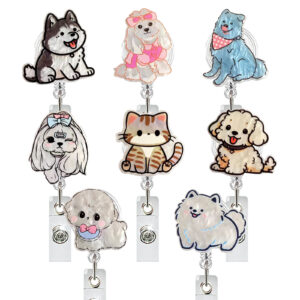 Wholesale Cute puppy animal series acrylic easy-pull buckle, retractable and rotatable doctor and nurse ID card buckle.