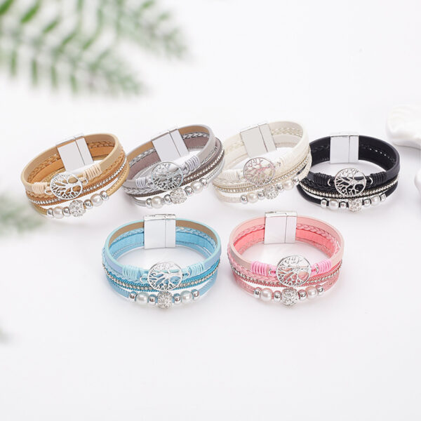 Wholesale Amazon ethnic style imitation pearl rhinestone ball magnetic clasp women's bracelet multi-layer PU leather woven bangle in stock