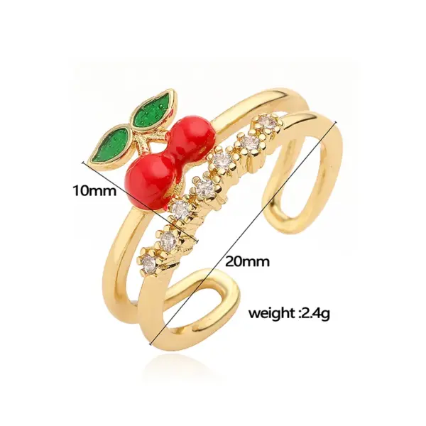 Wholesale Jewelry Casual Elegant Sweet Cherry Strawberry Copper Zircon 18K Gold Plated Enamel Plating Inlay Open Rings