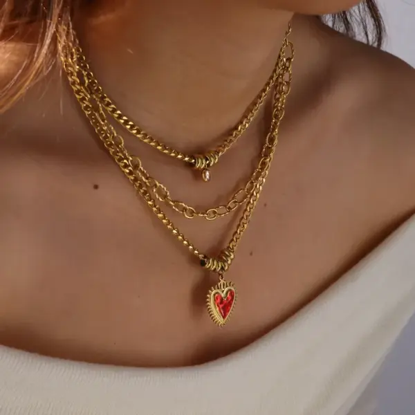 201 Stainless Steel 304 Stainless Steel Heart Shape PVD Coated Zircon Elegant Luxurious Romantic Plating Cuban Link Chain Curb Chain Cable Chain Lobster Trigger Clasp Closure Red Gold Necklace