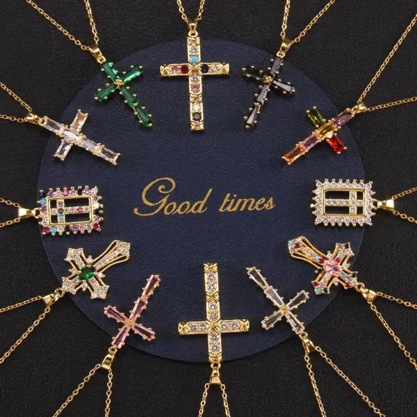Wholesale Elegant Lady Cross Copper Plating Inlay Zircon Pendant Necklace