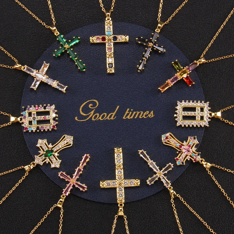Wholesale Elegant Lady Cross Copper Plating Inlay Zircon Pendant Necklace
