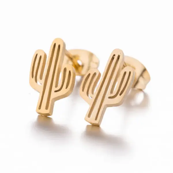 PVD Coated 18K Gold Real Gold Plated Cactus 304 Stainless Steel Fashion Waterproof Non Tarnish Ear Studs