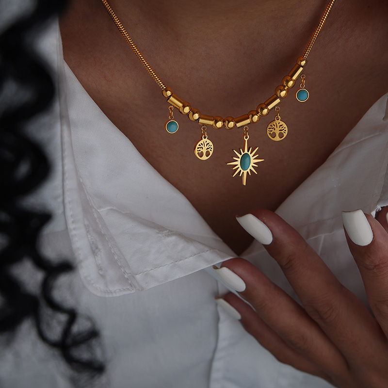 Wholesale European and American Cross-border Turquoise Pendant Necklace Women's Retro Suower Clavicle Chain Turquoise Bracelet Fashion All-match Aesso