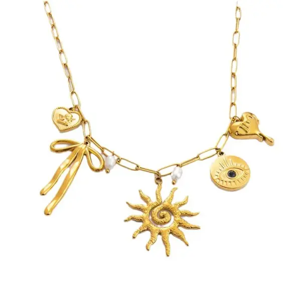 PVD Coated Real Gold Plated Devil's Eye Heart Shape Bow Knot Titanium Steel Classic Style Waterproof Non Tarnish Titanium Steel Lobster Trigger Clasp Closure Pendant Necklace