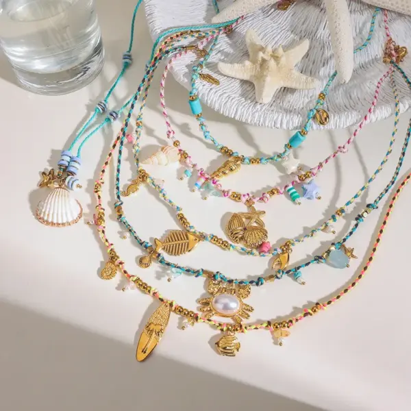 Wholesale Vacation Beach Simple Style Geometric 304 Stainless Steel Natural Stone PVD Coated 18K Real Gold Plated Handmade Chain Woven Chain Bracelets Necklace In Bulk