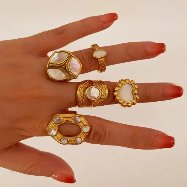 Wholesale 304 Stainless Steel Geometric Heart Shape PVD Coated Shell Real Gold Plated Retro French Style Waterproof Non Tarnish Irregular Surgical Steel Gold Rings