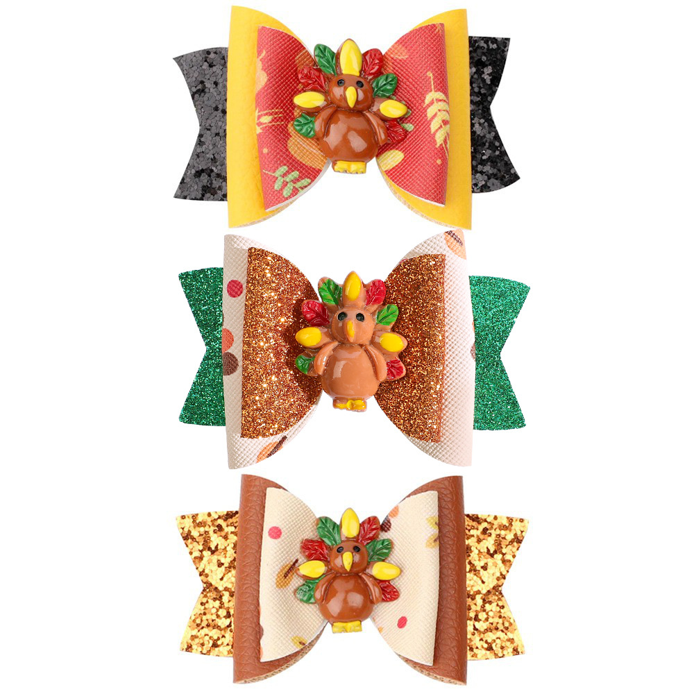Wholesale Thanksgiving Turkey Bow Chilen's Leather Hair Clip
