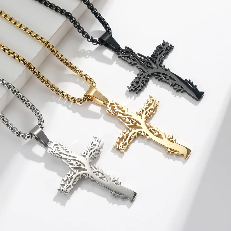 Wholesale Fashion Lucky Tree Cross Male And Female Wear Pendant Stainless Steel Necklace