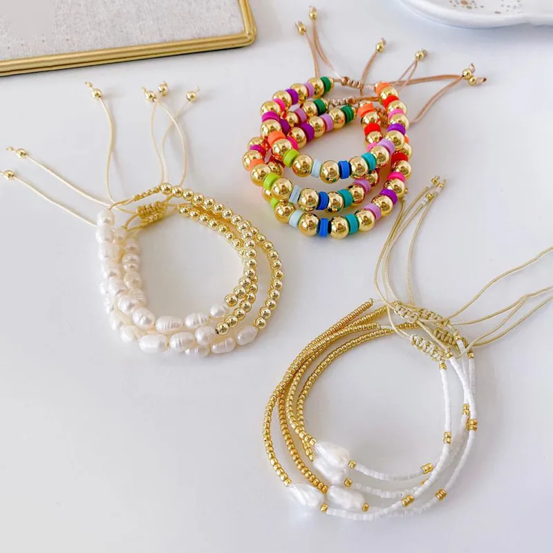 Wholesale Simple Style Colorful 18K Gold Plated Freshwater Pearl Soft Clay Copper Beaded Chain Beaded Bracelets Wholesale