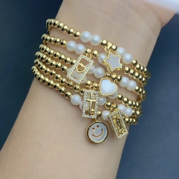 Wholesale Fashion Star Heart Shape Smile Face Copper Inlay Artificial Pearls Shell Zircon Bracelets