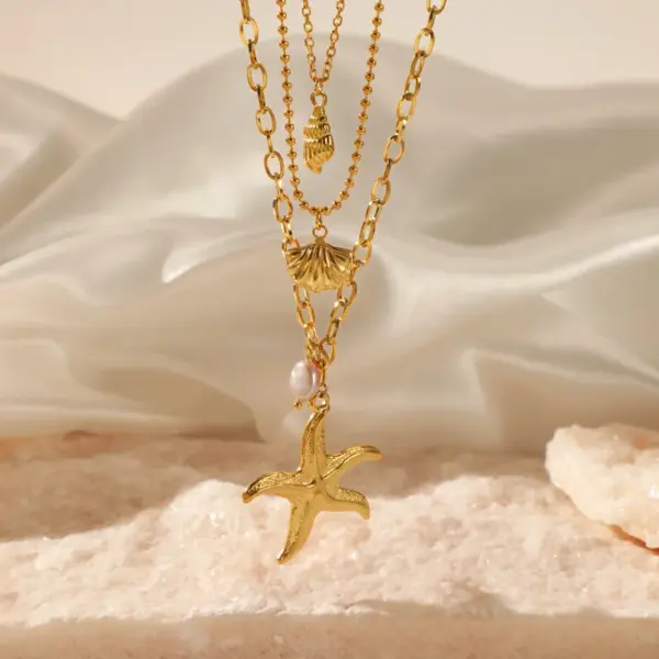 Wholesale Jewelry Beach Starfish Conch Shell 304 Stainless Steel Artificial Pearls Plating Stainless Steel Necklaces
