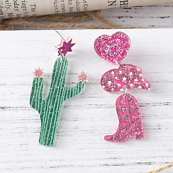Wholesale Cross-border New Western Style Cactus Denim Hat Boots Sequin Acrylic Pendant Earrings Asymmetric Earrings
