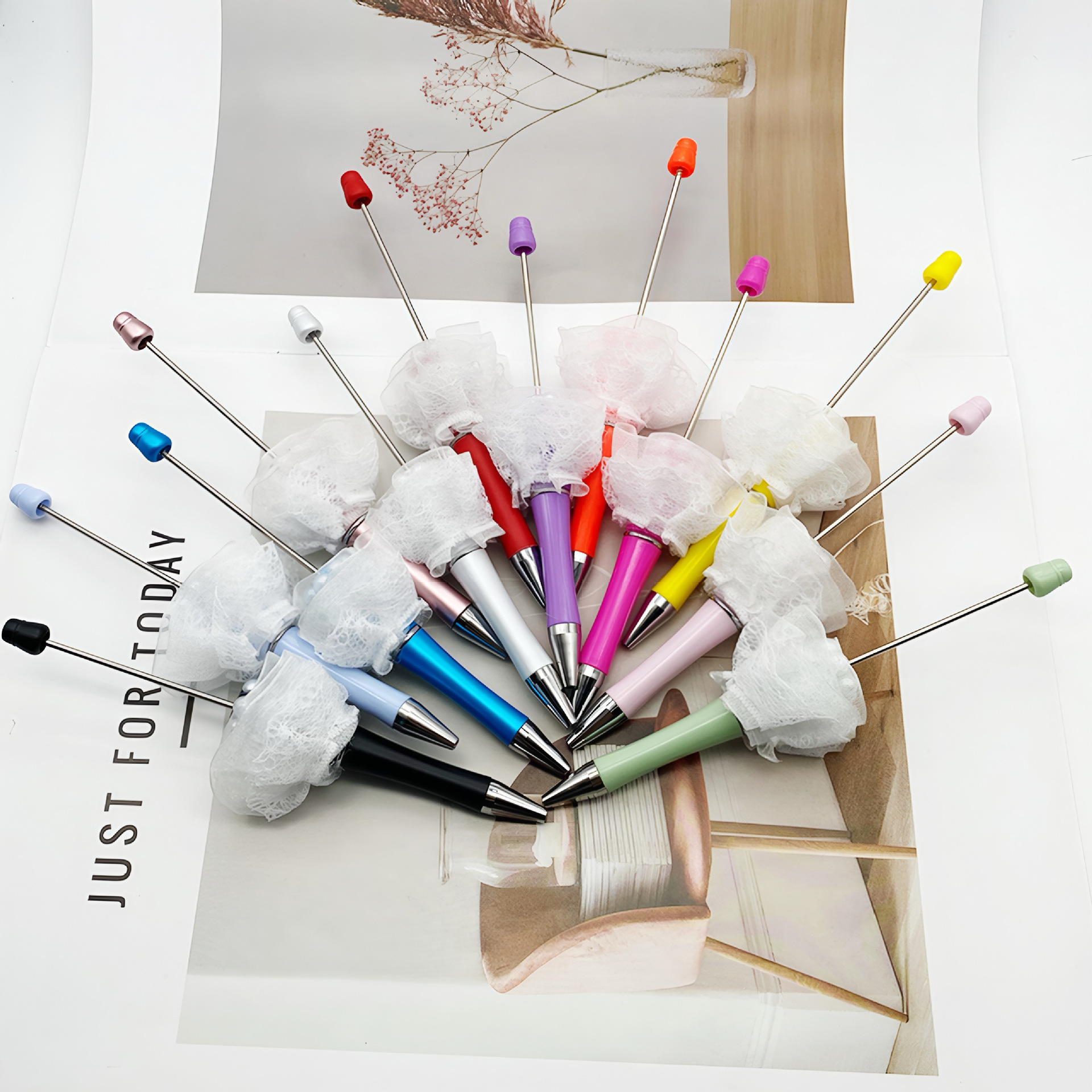 Wholesale DIY heavy industry beaded pen mesh pearl beaded ballint pen eam girl heart white mesh gift pen