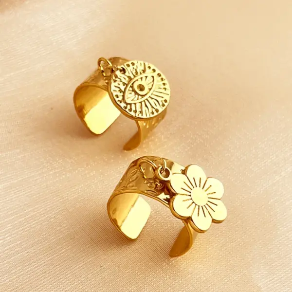 Wholesale PVD Coated Real Gold Plated 18K Gold Eye Solid Color Flower 304 Stainless Steel Tropical Simple Style Waterproof Non Tarnish Charm Rings