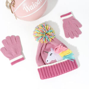 Wholesale Kidsren's Unicorn Knitted Hat Gloves 2-Piece Set Colorfulful Autumn