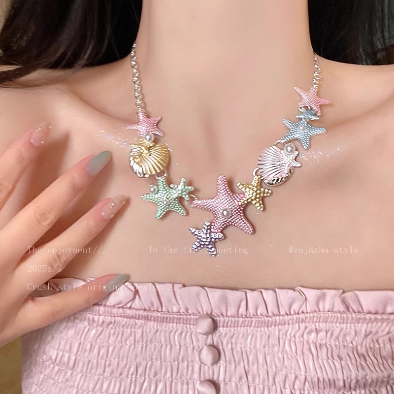 Wholesale Colorful Starfish Shell Necklace Women's Collarbone Chain for Summer Seaside Travel Photo Sweet Cool Spice Girl Style Aessories