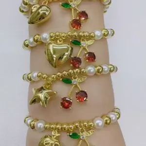Wholesale Jewelry Casual Vacation Simple Style Cherry Heart Shape Apple Copper Zircon 18K Gold Plated Beaded Bracelets