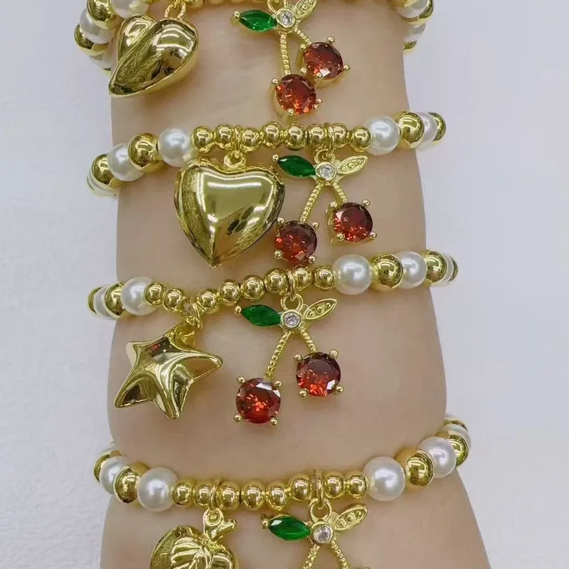 Wholesale Jewelry Casual Vacation Simple Style Cherry Heart Shape Apple Copper Zircon 18K Gold Plated Beaded Bracelets