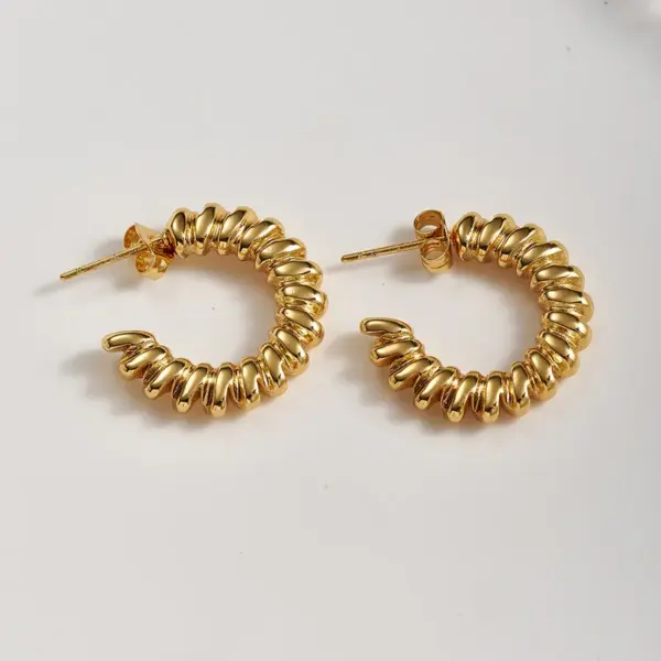 Vintage INS Style European And American 304 Stainless Steel Threaded Striped Pentagram C-shaped Earrings Basic Style (Simple Style) Exaggerated Roman Style Street Party