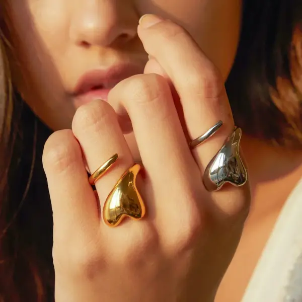 18K Gold Plated Real Gold Plated 304 Stainless Steel PVD Coated Heart Shape Waterproof Non Tarnish Plating IG Style Open Rings For Women's