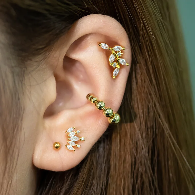 Wholesale 1 Piece Ear Cartilage Rings & Studs Sweet Leaf Crown Copper Plating Inlay Zircon