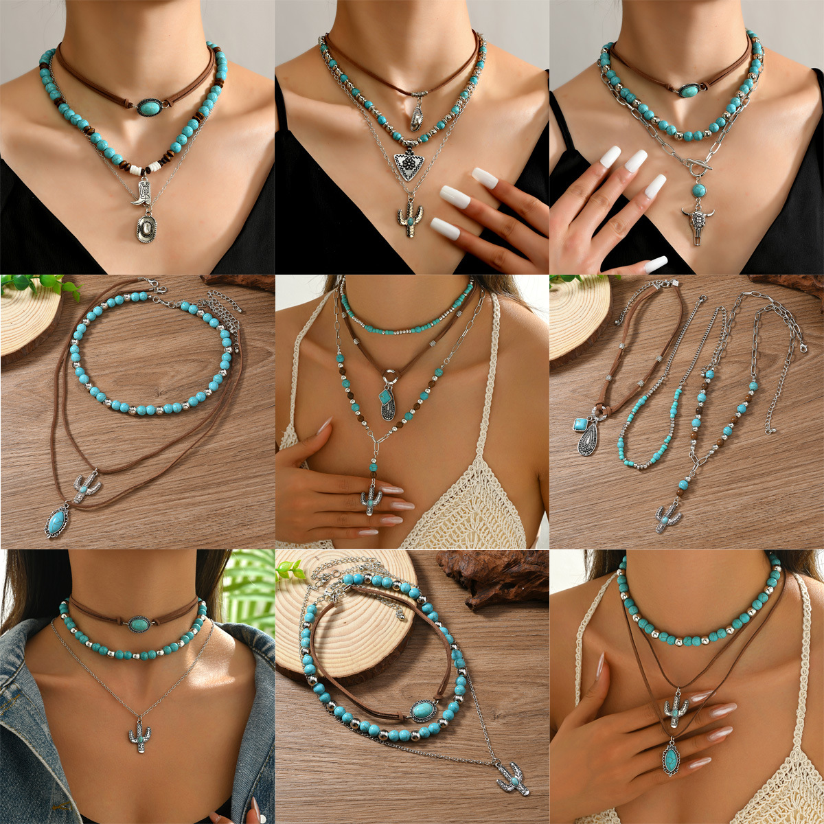 Wholesale Necklace Western Style Cactus Cattle Head Hat Turquoise Flannel Neck Chain