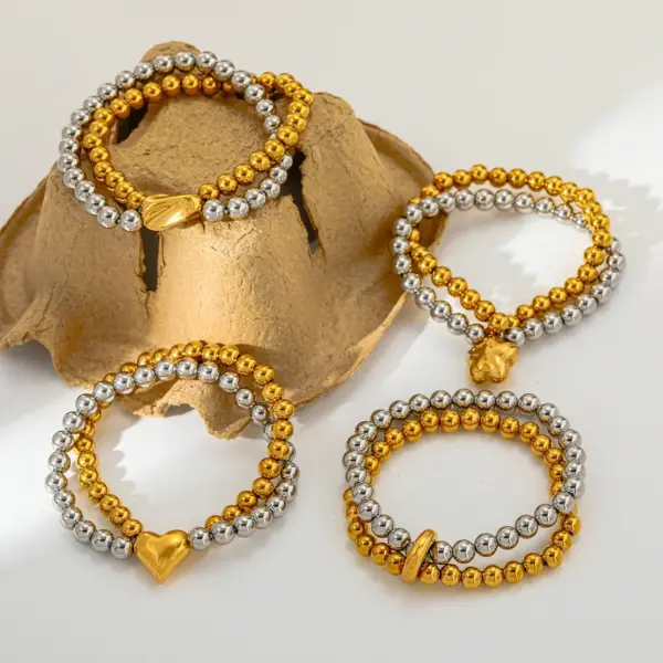 Wholesale Luxurious Double Layer Heart Shaped Pendant Beaded Bracelet 18K Gold Plated Stainless Steel Elastic Line For Women Casual Classic Style