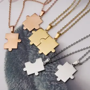 PVD Coated 18K Gold Real Plated Jigsaw Customization Laser Engraving 304 Stainless Steel Simple Style Waterproof Non Tarnish Pendant Necklace