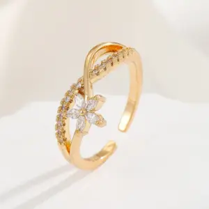 18K Real Gold Color Retaining Delicate Cross Five Petal Flower Ring