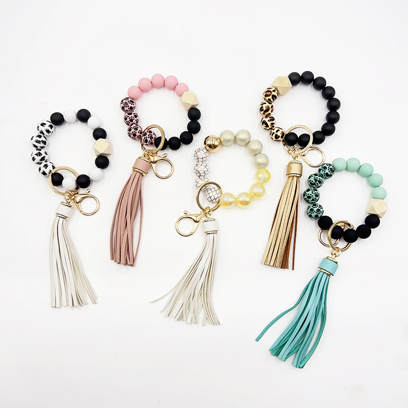 Wholesale silicone tassel beaded bag aessories Wristlet Keychain