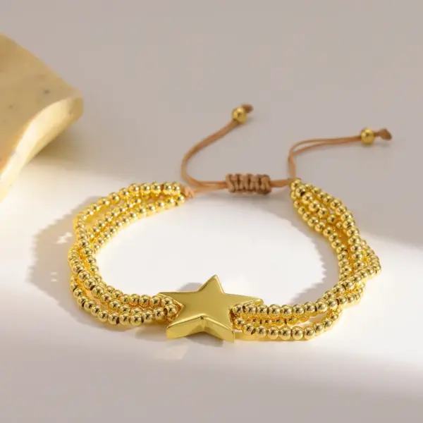 Wholesale 18K Gold Plated Copper Water Plated Color Retention Cross Star Heart Beaded Chain Simple Style Bracelet For Women Valentine's Day No Buckle Adjustable