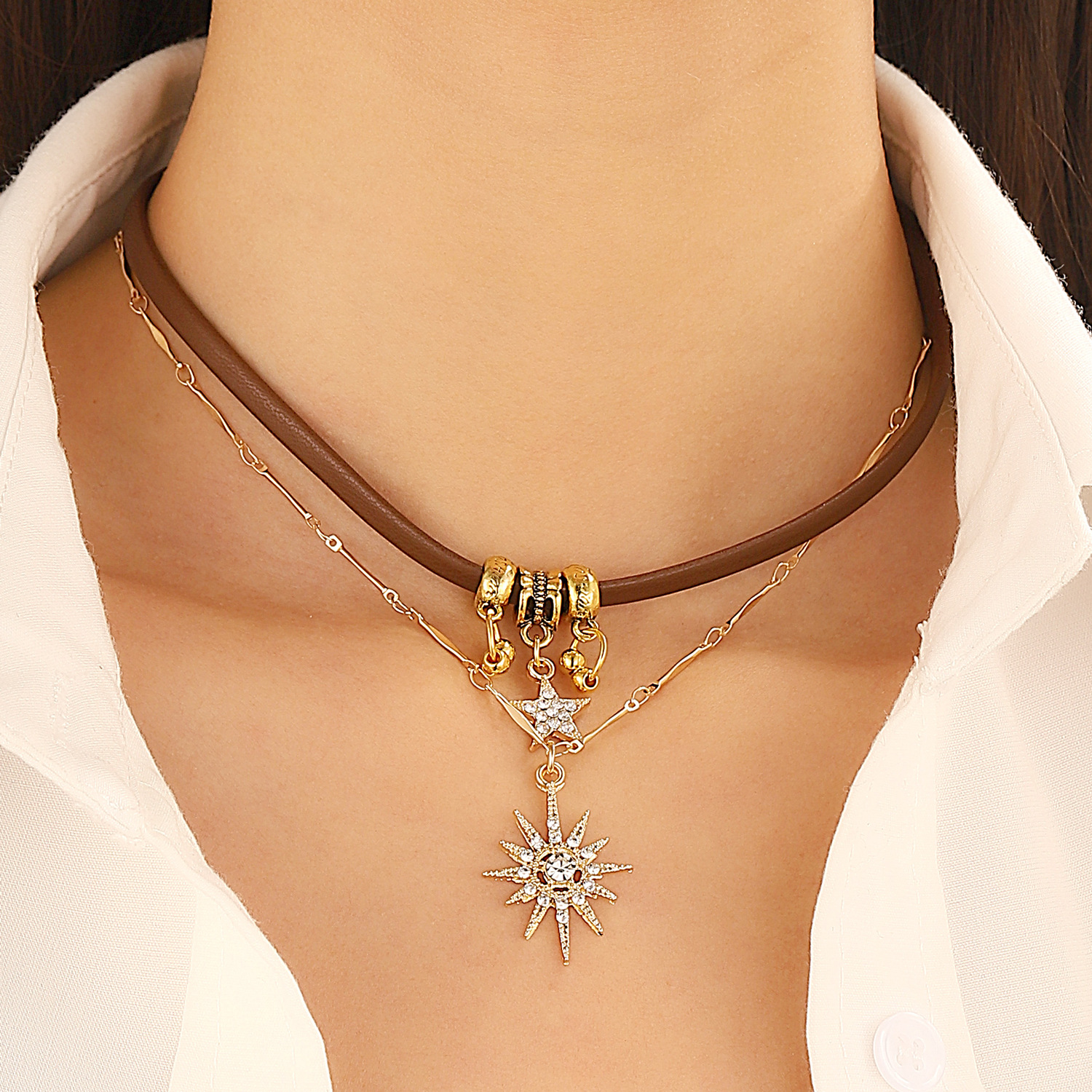 Wholesale Women's eight-inted star brown leather necklace