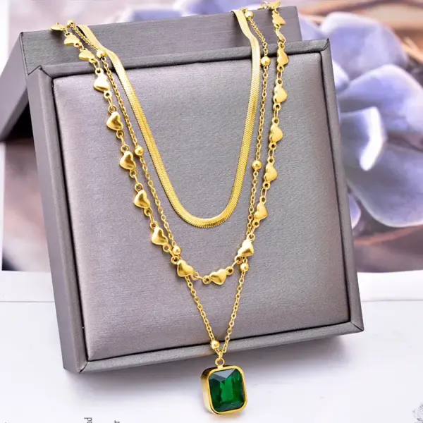 Wholesale Jewelry Fashion Heart Shape 304 Stainless Steel Turquoise Rhinestones Glass Stone 18K Gold Plated Layered Inlay Stainless Steel Necklaces