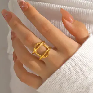 Wholesale Ion Plating (IP) 18K Gold Plated Oval 304 Stainless Steel Simple Style Waterproof Non Tarnish Open Rings