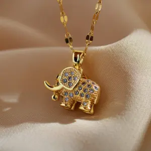 Copper Elephant PVD Coated Zircon Gold Plated Cute Waterproof Non Tarnish Plating Inlay Lobster Trigger Clasp Closure Pendant Necklace