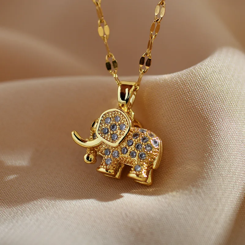 Wholesale Copper Elephant PVD Coated Zircon Gold Plated Cute Waterproof Non Tarnish Plating Inlay Lobster Trier Clasp Closure Pendant Necklace