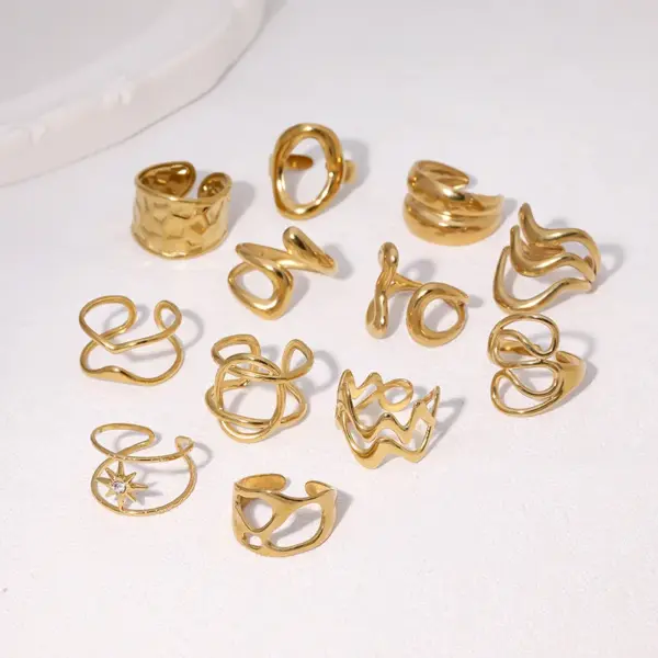 Wholesale Minimalist 304 Stainless Steel Open Ring Geometric Lines Minimalist Cold Style 18K Gold Plated Vacuum Electroplating Waterproof Non-Fading Eight-Pointed Star Oval Titanium Steel Ring For Women